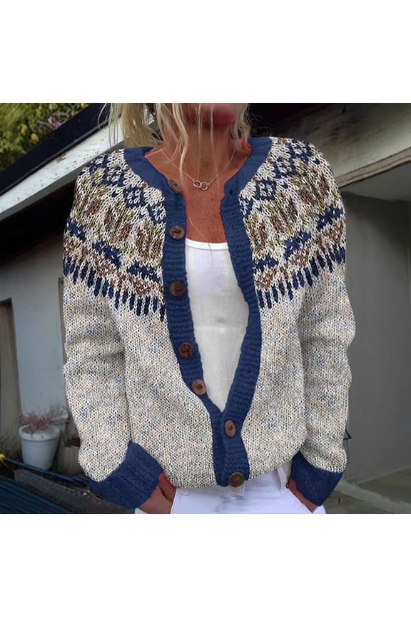 Sweaters Womens Gray Acrylic Knit Cardigan - Retro Fair Isle, Fall Winter, Plus Size (S-5XL), Layerable Versatile, Soft Easy Care, V-Neck Long Sleeve for Casual Office,Size 3XL