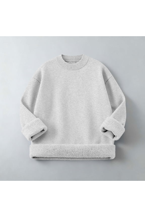 Sweaters Womens Gray Warm Fleece Lined Crew Neck Sweater - Polyester Spandex Soft Stretch, Size M-XXXXL, for Cold Weather Layering & Everyday Casual, Walmart Style,Size M