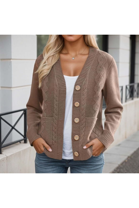 Sweaters Womens Khaki Cable Knit Acrylic Cardigan - V-Neck with Wooden Buttons, Front Pockets, Ribbed Hem/Cuffs, S-XL for Casual & Office,Size S