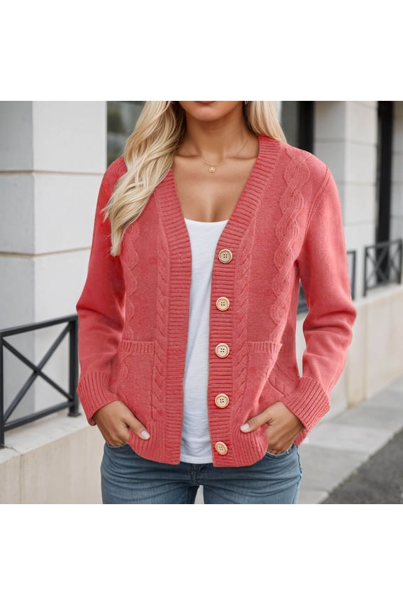 Sweaters Womens Pink Cable Knit Acrylic Cardigan - V-Neck with Wooden Buttons, Front Pockets, Ribbed Cuffs & Hem, S-XL for Casual & Office,Size XL
