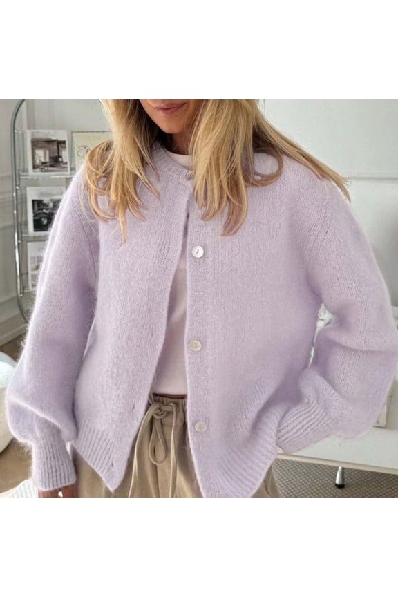 Sweaters Womens Purple Lavender Acrylic Knit Cardigan - Oversized Vintage Balloon Sleeves, White Buttons, Soft Warm for Spring Autumn, S/M/L/XL,Size XL