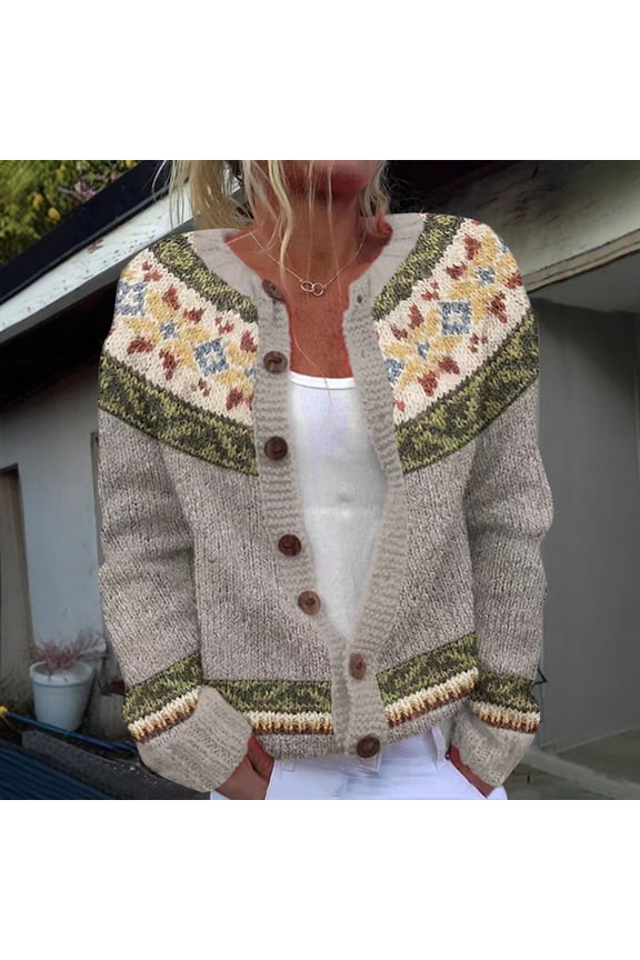 Sweaters Womens Vintage Fair Isle Pattern Button-Down Acrylic Cardigan - Khaki, Plus/Extended Sizes (S-XXXXXL) for Autumn Winter Casual Wear,Size XL