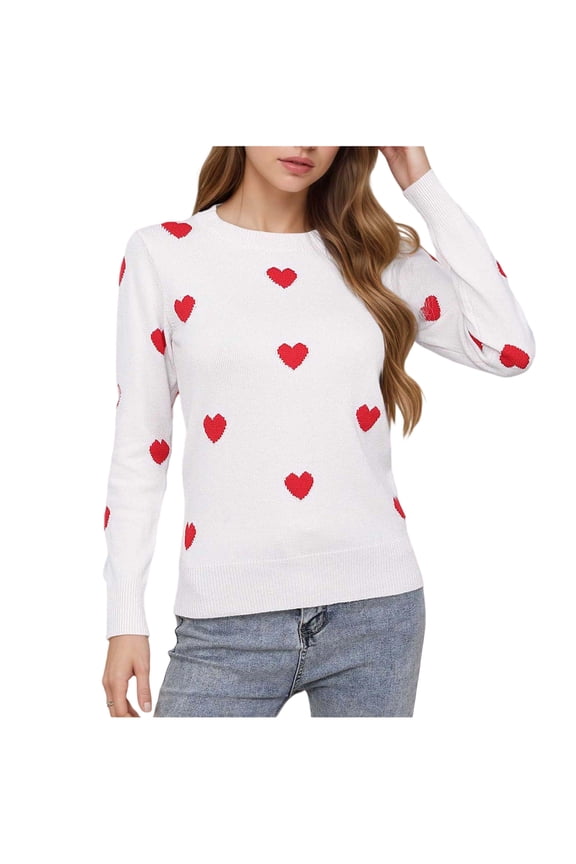 Sweaters Womens White Heart Pattern Sweater - 100% Polyester Crew Neck Long Sleeve, Soft Durable, Valentine's Day Casual Wear, S/M/L/XL,Size M