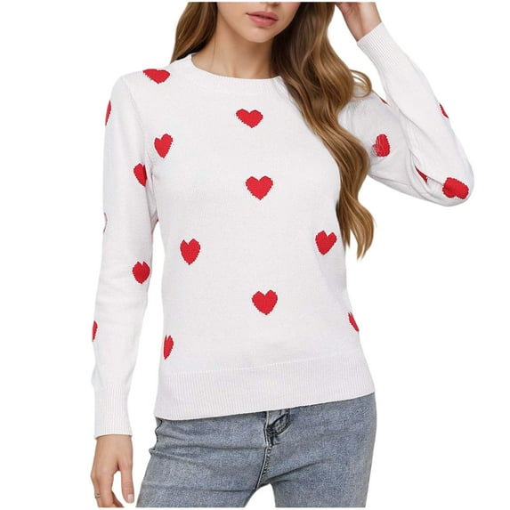 GUZOM Sweaters Womens White Heart Pattern Sweater - 100% Polyester Crew Neck Long Sleeve, Soft Durable, Valentine's Day Casual Wear, S/M/L/XL,Size S