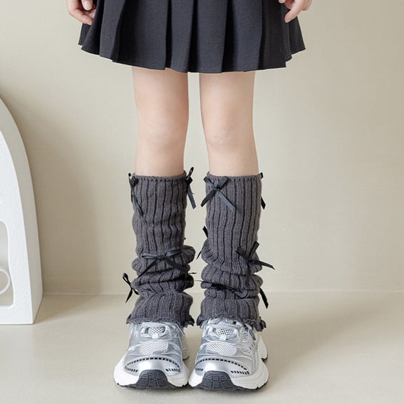 GUZOM Unisex Dark Gray Leg Warmers, Bowknot-Embellished Slouchy Acrylic - Autumn Winter Warm Stretchy One Size Fit for Girls Boys,Size 3-15T均码