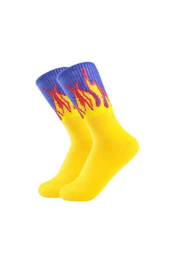 Unisex Flame Crew Socks Yellow - Polyester Durable Soft Breathable, One Size Fits 26-28cm Foot Length, Streetwear Casual Sports Socks, 1 PC,Size Free Size