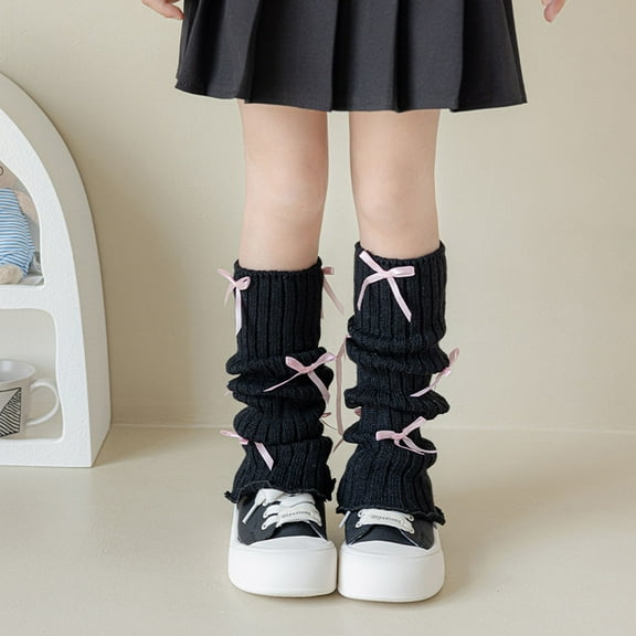 GUZOM Unisex Navy Leg Warmers, Bowknot-Embellished Slouchy Acrylic - Warm for Autumn Winter, Stretchy One Size Fit for Girls & Boys,Size 3-15T均码