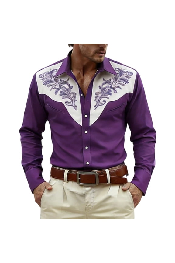Western Embroidered Shirt Men Snap Button Slim Fit Long Sleeve Cowboy Contrast Yoke Purple,Size 2XL