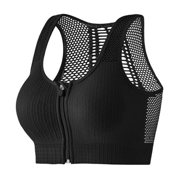 GUZOM Women's Front Zipper Sports Bra - Mesh Racerback, Breathable Stretchy, One Size Fits Most, Black - Medium Impact for Workout & Athleisure