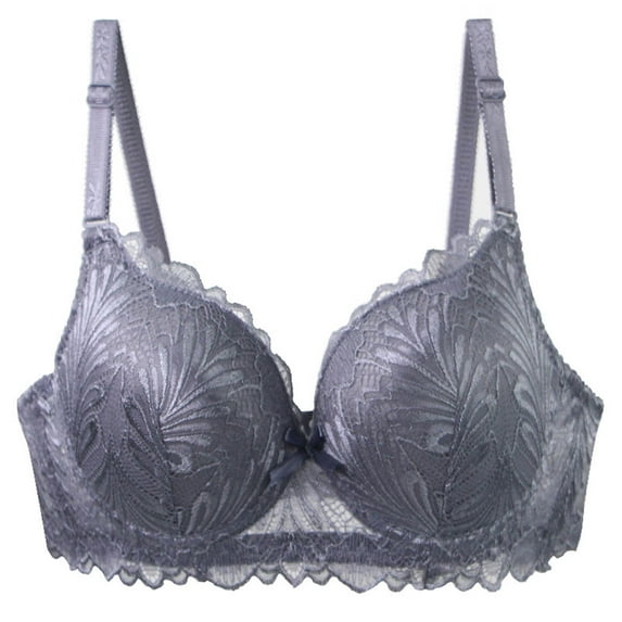 GUZOM Women's Gray Everyday Comfort Lace Bra - 75B (34B) - Adjustable Straps, Scalloped Edge, Lightly Padded, Breathable Nylon-Spandex Blend