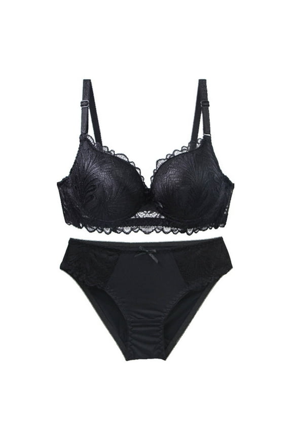 Womens 40C Black Lace Bra & Panty Set - Nylon-Spandex Blend, Molded Cups, Adjustable Straps, Mid-Rise, Everyday Comfort