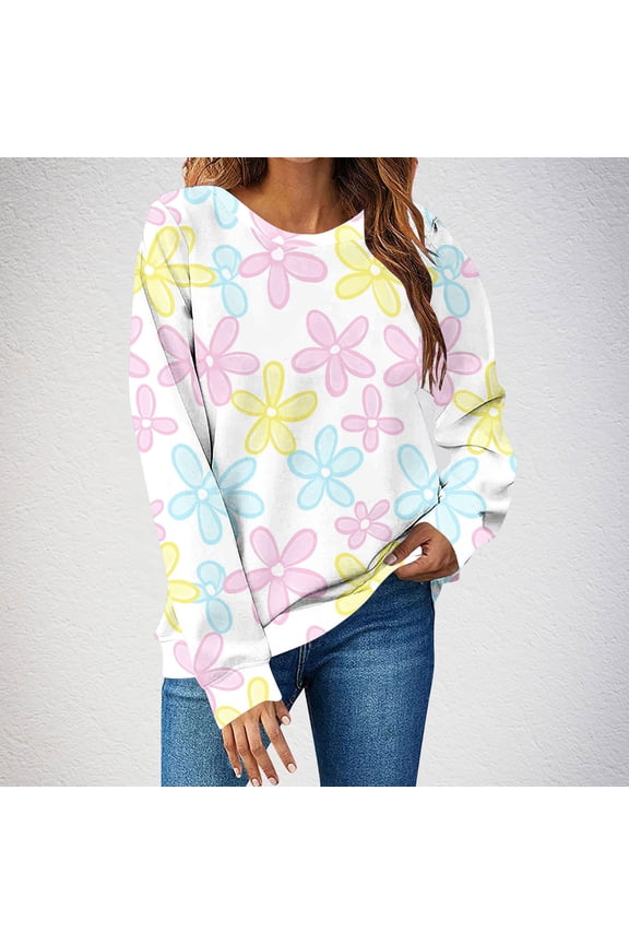 Womens Beige Floral Sweatshirt - Crew Neck Long Sleeve Relaxed Fit, 95% Polyester 5% Spandex Soft Casual Wear, S/ M/ L/ XL/ XXL,Size L
