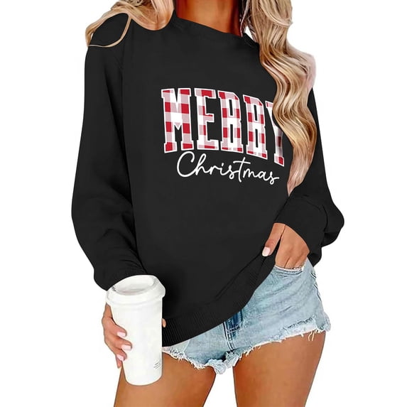GUZOM Womens Black Christmas Sweatshirt - Plaid "Merry Christmas" Print, Soft 100% Polyester, Relaxed Fit Pullover (XS to XL),Size XS