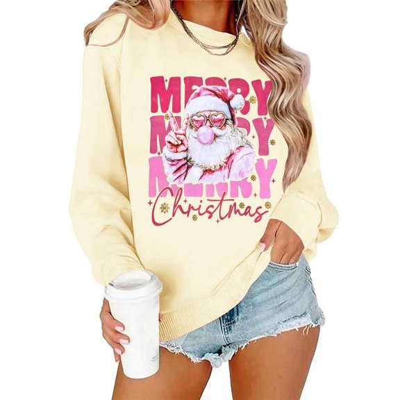 GUZOM Womens Christmas Long Sleeve Top - Loose Fit Santa Graphic Merry Christmas Print, 100% Polyester Soft Festive Blouse, Beige,Size XS