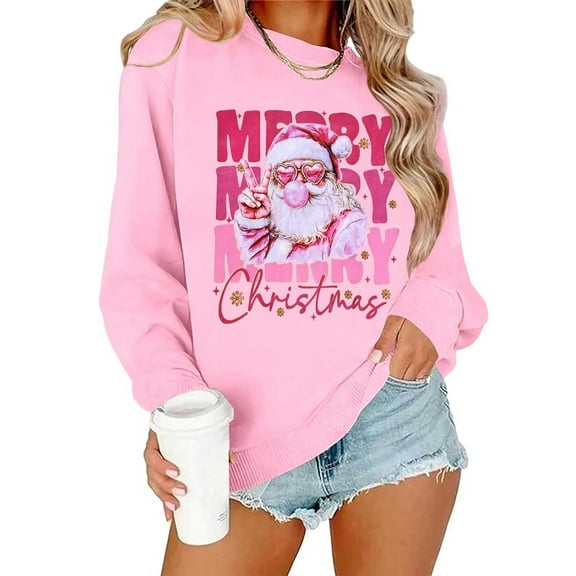 GUZOM Womens Festive Christmas Top - Long Sleeve Loose Fit Santa Graphic, 100% Polyester Soft Merry Christmas Print Casual Blouse, Pink,Size XS