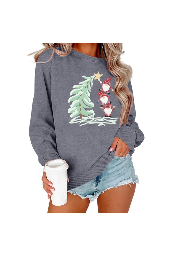 Womens Gray 100% Polyester Christmas Long Sleeve Top - Loose Fit, Gnome & Christmas Tree Print, Boat Neck, XS-XL Festive Holiday Casual Wear,Size XS