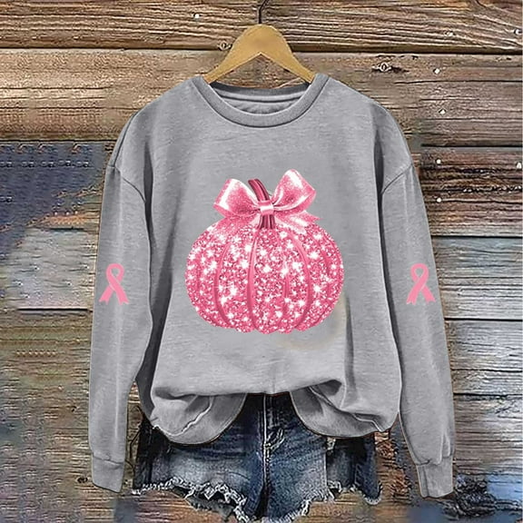 GUZOM Womens Gray Crew Neck Sweatshirt - Oversized Relaxed Fit, Fall Hall-oween Pink Pumpkin, Pink Ribbon Breast Cancer Awareness, Soft 100% Polyester,Size S