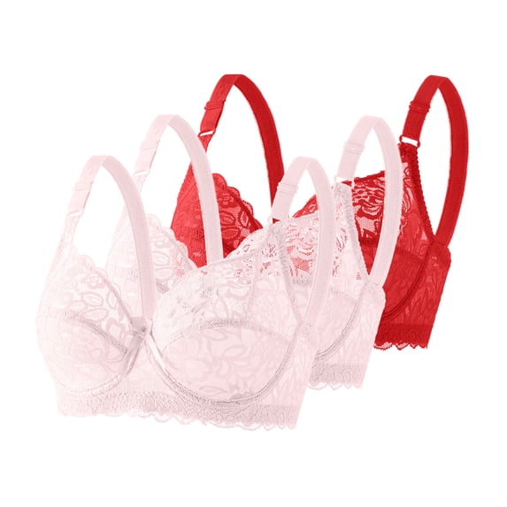 GUZOM Womens Lace Bras 3 Pack, Red, Size 40 - Comfortable Stretchy Breathable, Adjustable Straps, Everyday Wear