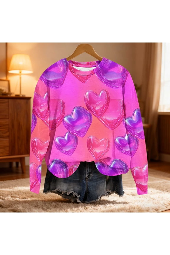 Womens Valentine's Day Cropped Sweatshirt - Purple Long Sleeve Crewneck with Glossy Heart Print, Plus Size S-5XL Soft 100% Polyester Casual Romantic Crop Top,Size 5XL