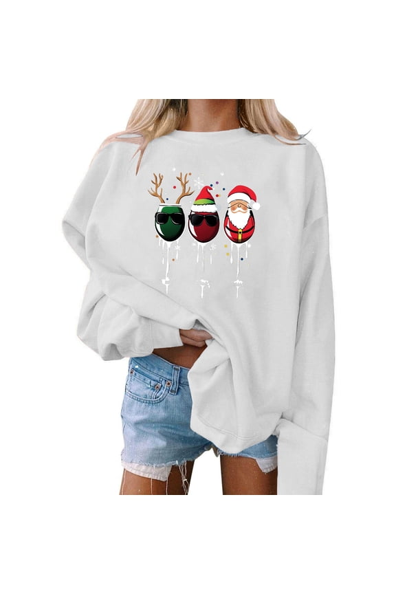 Womens White Christmas Sweatshirt - Oversized Crew Neck, Wine Glass Graphic Long Sleeve, Easy-Care 100% Polyester for Holiday Gatherings & Casual Wear,Size S