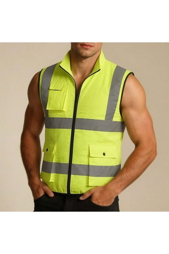 Yellow Class 2 High Visibility Safety Work Vest for Men Reflective Nylon with Pockets Breathable,Size 2XL