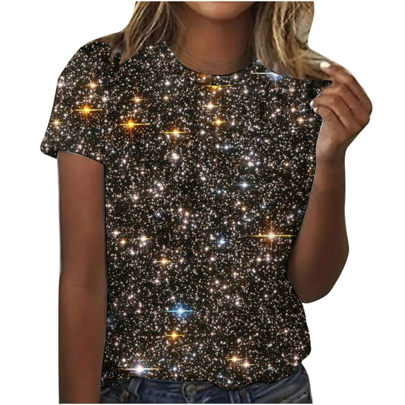 GUZYING Graphic Tees for Women Busniess Casual Tops for Women Trendy Women's Starry Print Casual Fashion Short Sleeve Tops Blouse(Brown,XL)