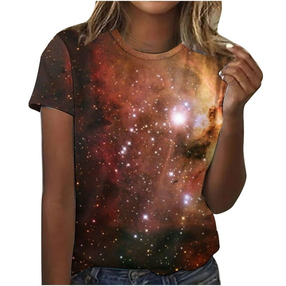 GUZYING Graphic Tees for Women Tank Tops for Women Fashion Women's Starry Print Casual Fashion Short Sleeve Tops Blouse(Brown,M)