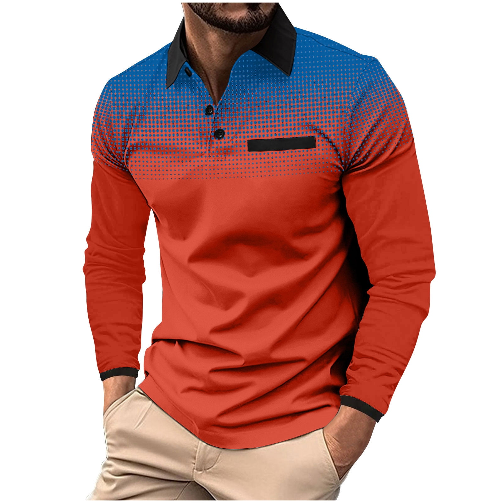 GUZYING Mens Graphic Tees Clearance Men's Solid Color Sport Shirt with Button Lapel Long Sleeve