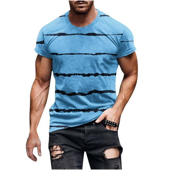 GUZYING New Fashion Men Casual Round Neck Stripe Printing Pullover Fitness Sports Shorts Sleeves T Shirt Blouse(Sky Blue,3XL)