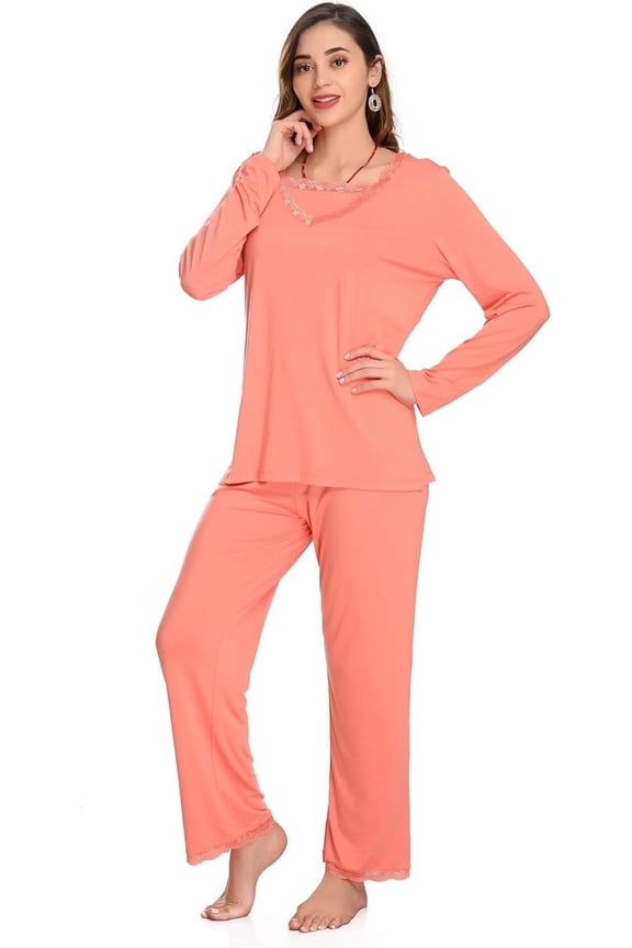 Women's V Neck Viscose made of Bamboo Pajama Set Moisture Wicking Long Sleeve Cozy Sleepwear PJs for Night Sweats Relaxed Fit, Coral-M