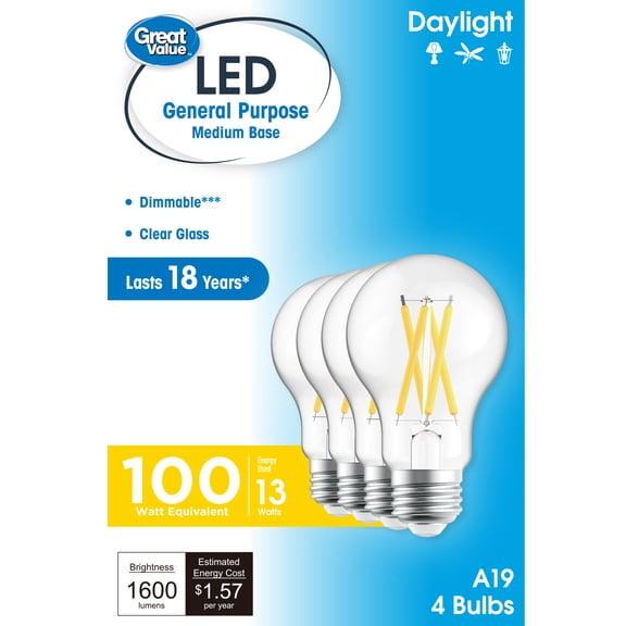 Great Value 18YR A19 LED Light Bulb, 13W (100W Equivalent) Dimmable Daylight E26 Medium Base (4 Pack)