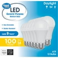 thumbnail image 1 of Great Value A19 LED Light Bulbs, 100 Watts Eqv, Daylight, General Purpose, 9yr, Medium Base, 12 pack, 1 of 5