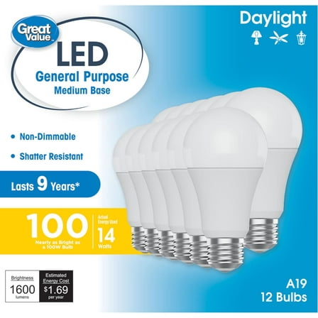 Great Value A19 LED Light Bulbs, 100 Watts Eqv, Daylight, General Purpose, 9yr, Medium Base, 12 pack