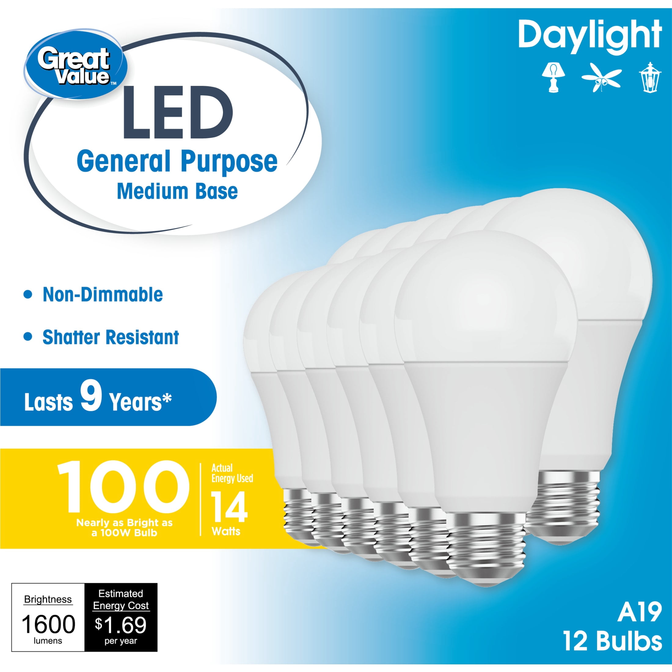 Great Value A19 LED Light Bulbs, 100 Watts Eqv, Daylight, General Purpose, 9yr, Medium Base, 12 pack