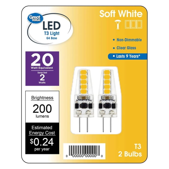 Great Value LED Light Bulb, 2 Watts (20W Eqv.) T3 Lamp, G4 Base, Non-Dimmable, Soft White, 2-Pack