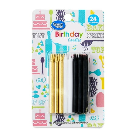 Great Value Metallic Gold, White & Black Birthday Candles, 24 Count