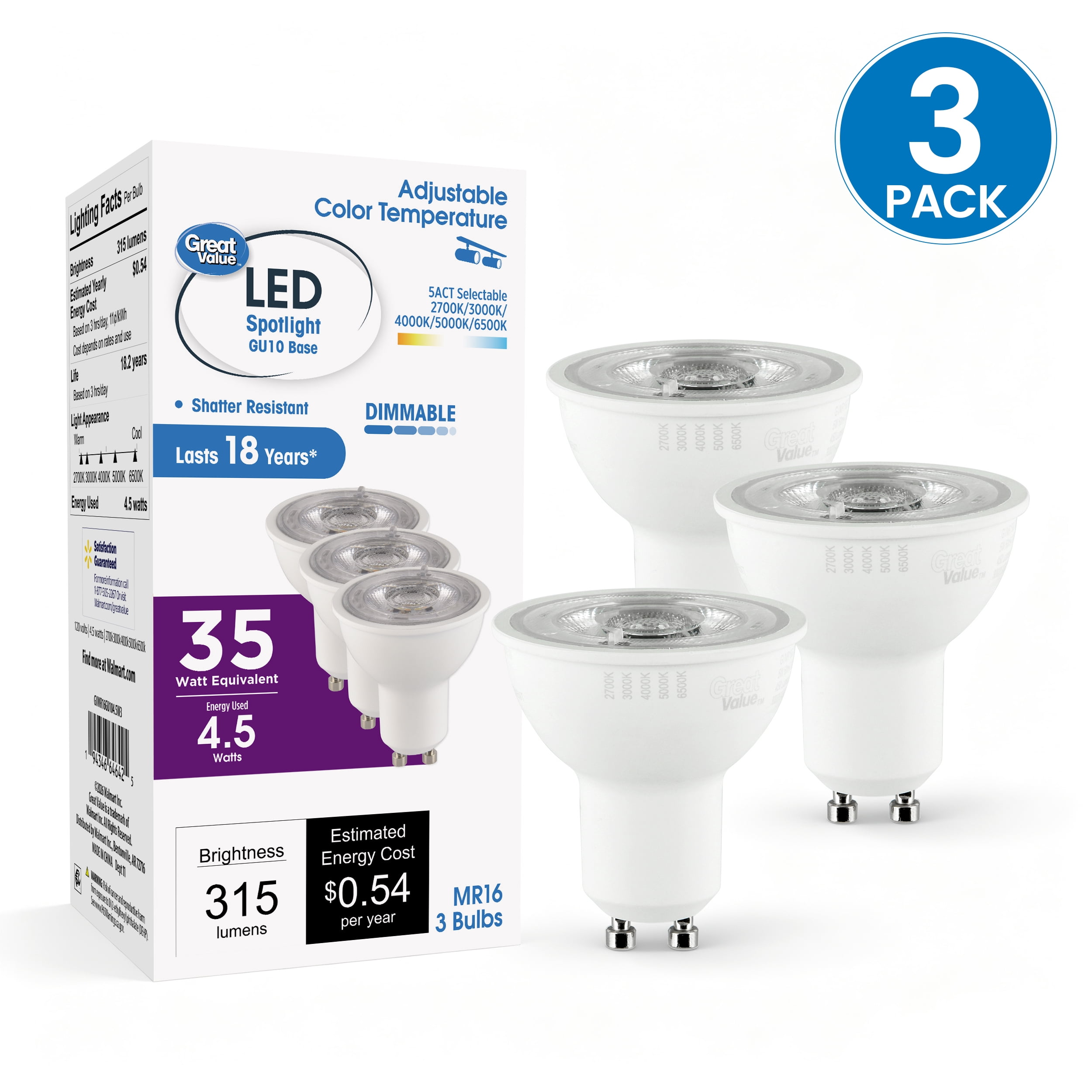 Great Value LED MR16 Indoor Spot Light Bulb, 4.5-Watts (35W Equiv) 5ACT, Dimmable, GU10 Base (3 Pack)