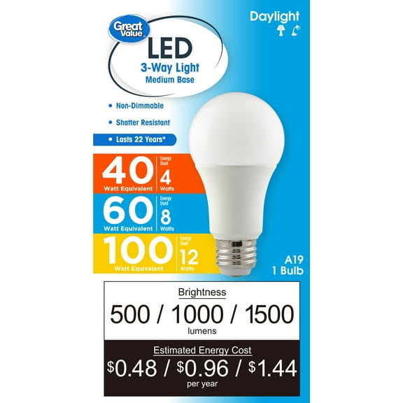 Great Value 3-Way LED Light Bulb, A19 40/60/100 Watts Daylight Selectable Bulb in E26 Medium Base