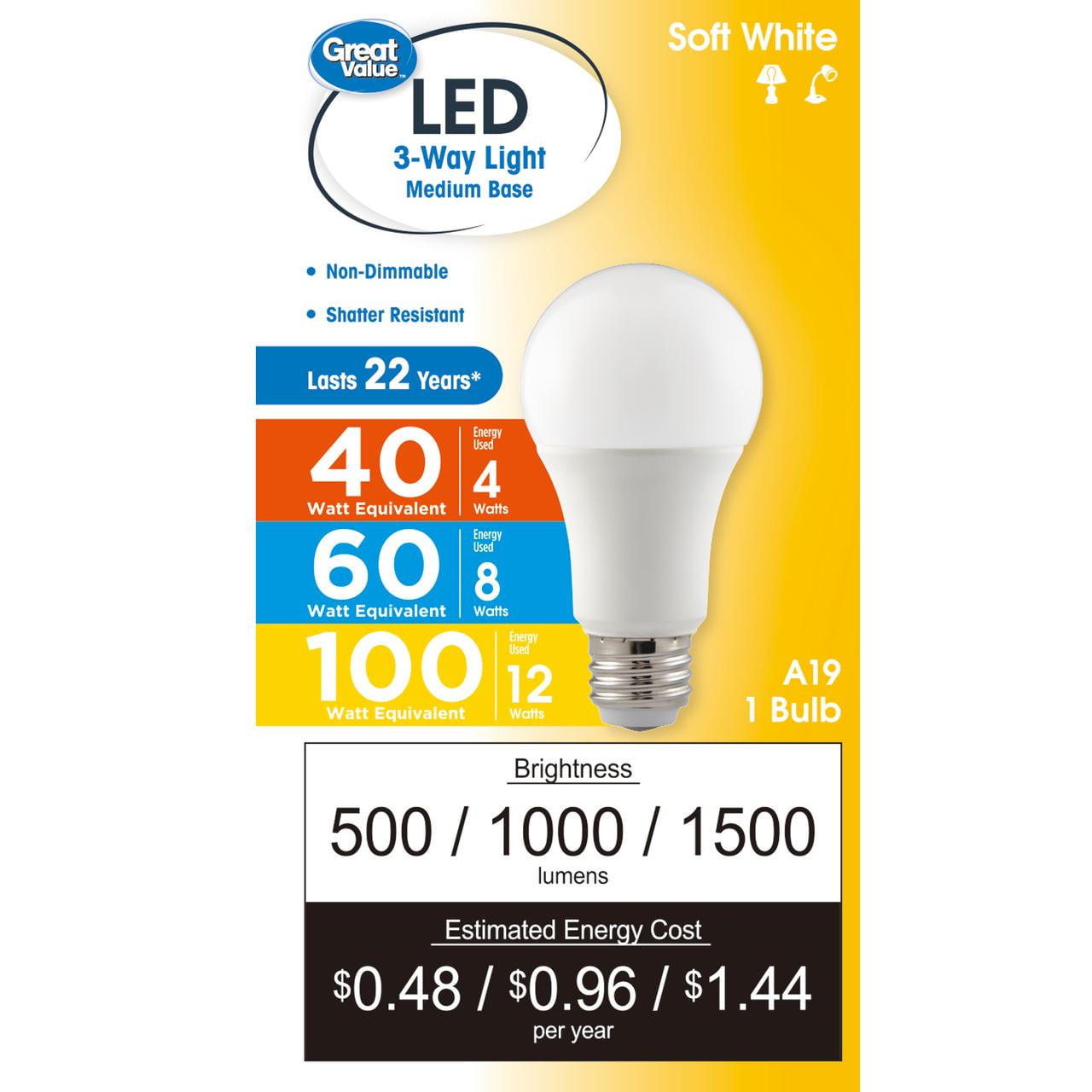 Great Value A19 LED Soft White 3-Way E26 Medium Base Light Bulb