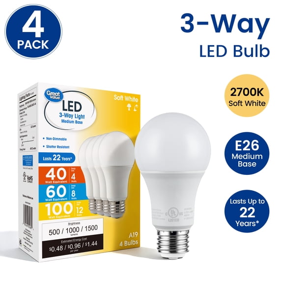 Great Value A19 3-Way LED Light Bulb, Soft White, 40/60/100W Equivalent, E26 Medium Base, 4 Pack