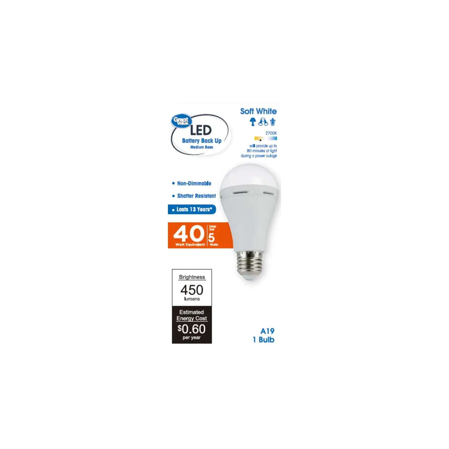 Great Value LED Light Bulb 5 Watts E26 Medium Base Battery Backup A19 Soft White Non-Dimmable 1-Pack