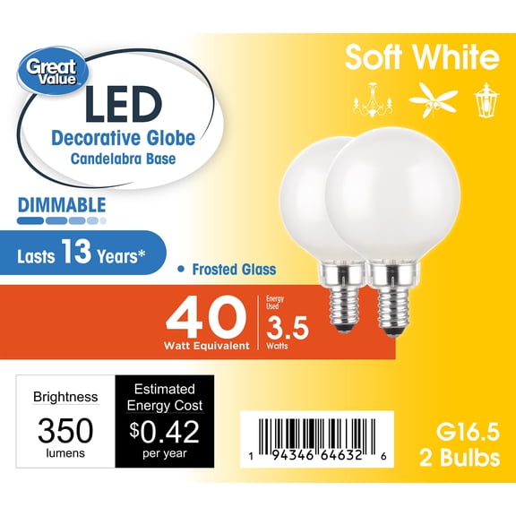 Great Value G16.5 LED Light Bulbs, 3.5W (40W Equivalent), Soft White, Dimmable, E12 Candelabra Base, 2Pack