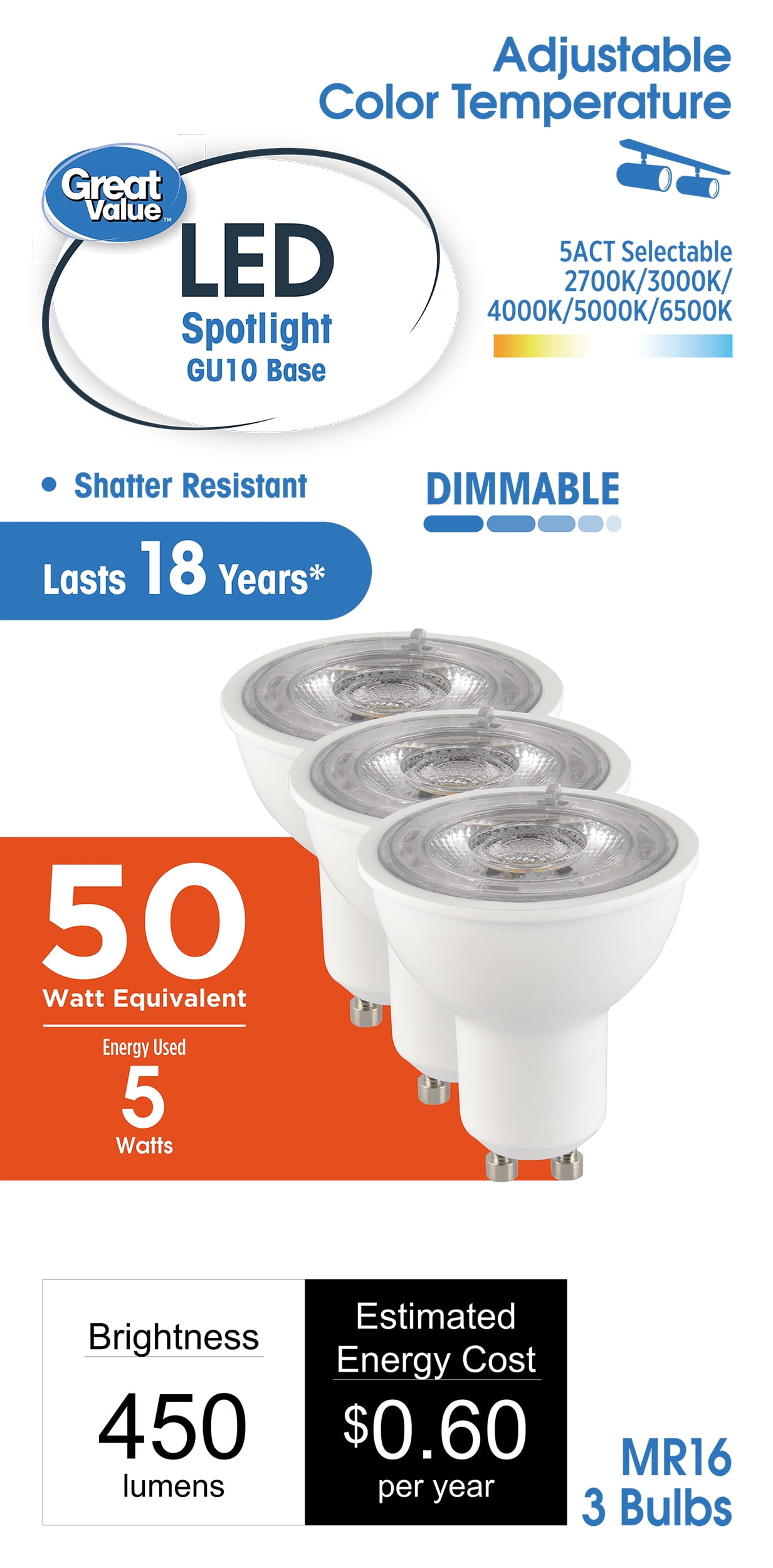 Great Value MR16 LED Spot Light Bulb, GU10 base, 50W Equivalent 3-Pack