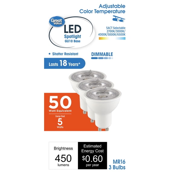 Great Value MR16 LED Spot Light Bulb, GU10 base, 50W Equivalent 3-Pack