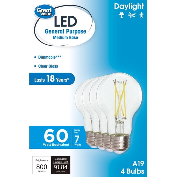 Great Value 18-Year A19 LED Light Bulb, 7W (60W Equivalent), Dimmable Daylight, E26 Medium Base, 4 Pack