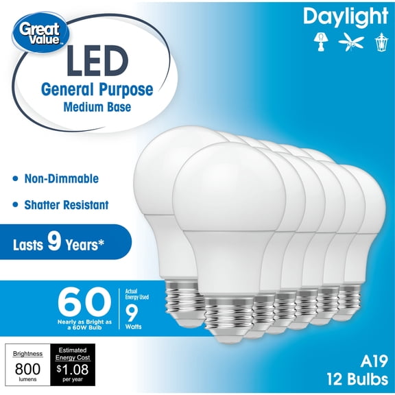 Great Value A19 LED Light Bulbs, 60 Watts Eqv, Daylight, General Purpose, 9yr, Medium Base, 12pk