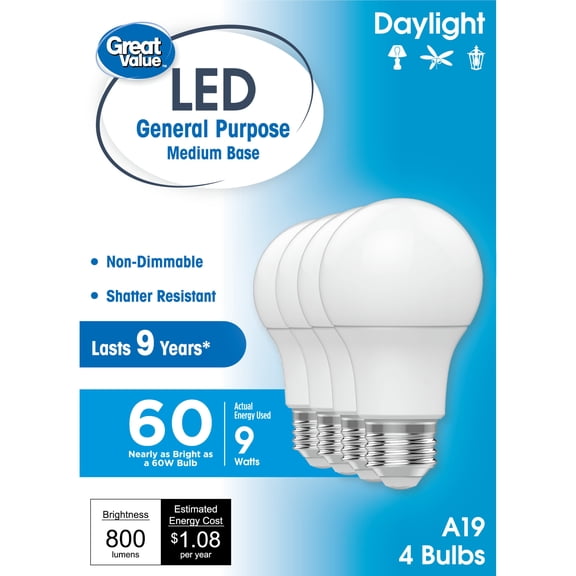 Great Value A19 LED Light Bulbs, 60 Watts Eqv, Daylight, General Purpose, 9yr, Medium Base, 4 pack