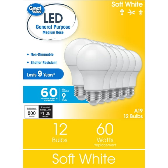 Great Value A19 LED Light Bulbs, 60 Watts Eqv, Soft White, General Purpose, 9yr, Medium Base, 12 pack