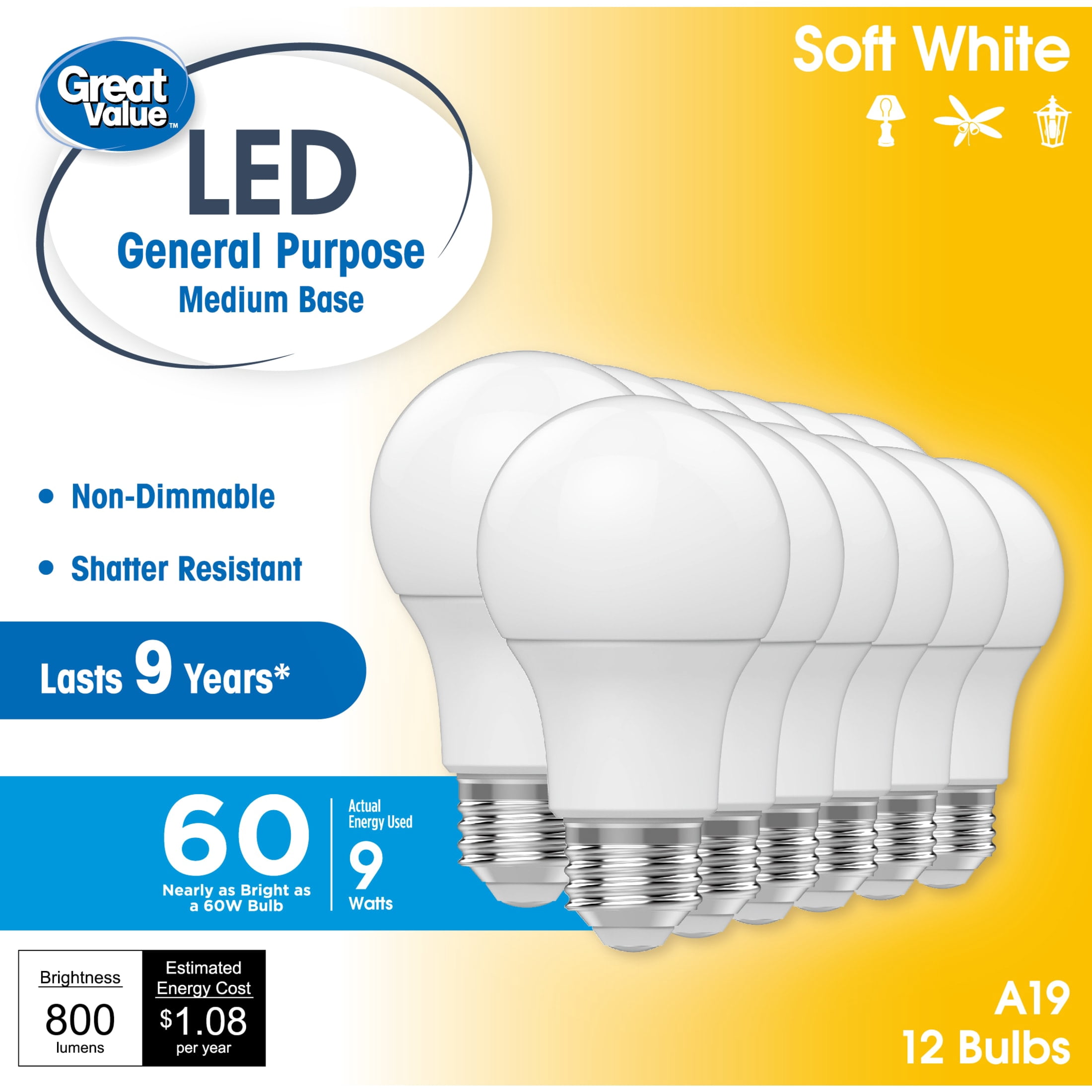 Great Value A19 LED Light Bulbs, 60 Watts Eqv, Soft White, General Purpose, 9yr, Medium Base, 12 pack