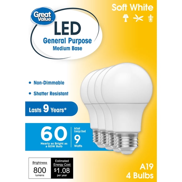 Great Value A19 LED Light Bulbs, 60 Watts Eqv, Soft White, General Purpose Light Bulbs, 9yr, 4 pack